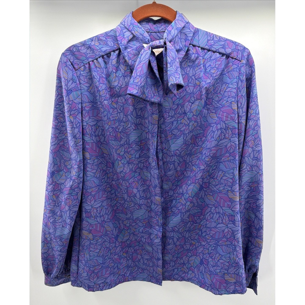 Vtg Country Sophisticates By Pendleton Blouse Womens 10 Purple Floral Tie Neck